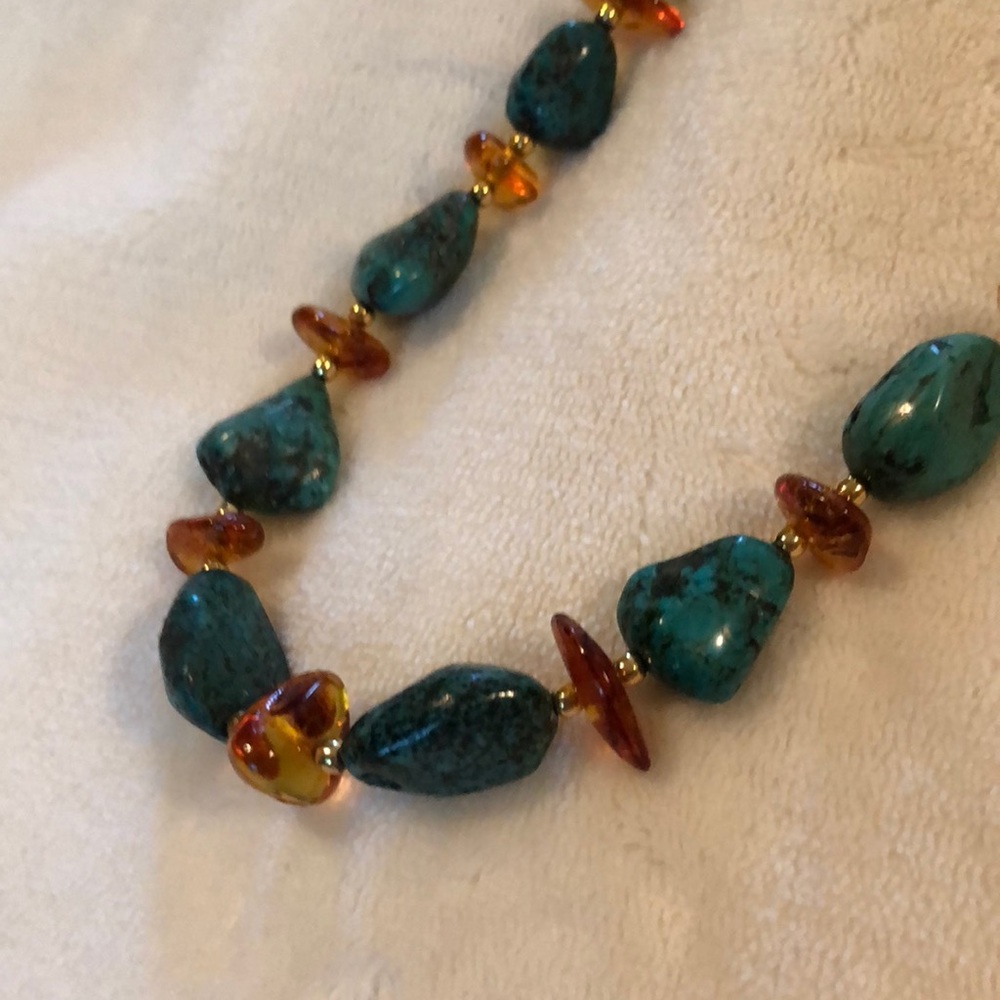 Amber and teal semi precious stone necklace